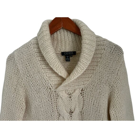 Lauren Ralph Lauren Lambswool Hand Cable Knit Shawl Collar Sweater Cream Size M - Picture 3 of 9